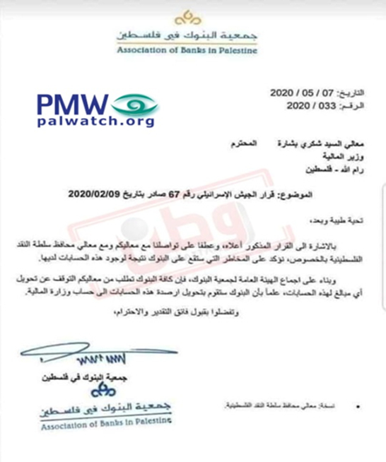 PMW warns Mastercard and Visa to cut ties with Palestinian Authority banks or face civil and criminal liability